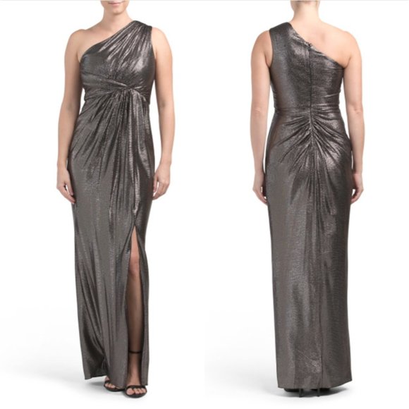 adrianna papell metallic jersey dress Adrianna Papell Women's Metallic-Jersey Faux-Wrap Dress
